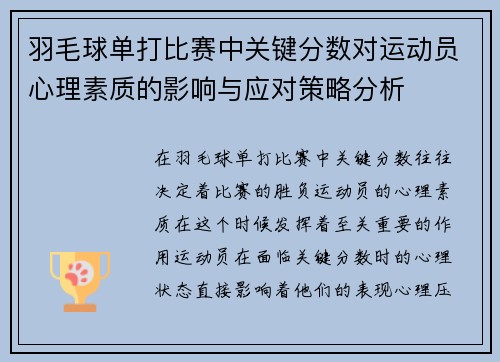羽毛球单打比赛中关键分数对运动员心理素质的影响与应对策略分析